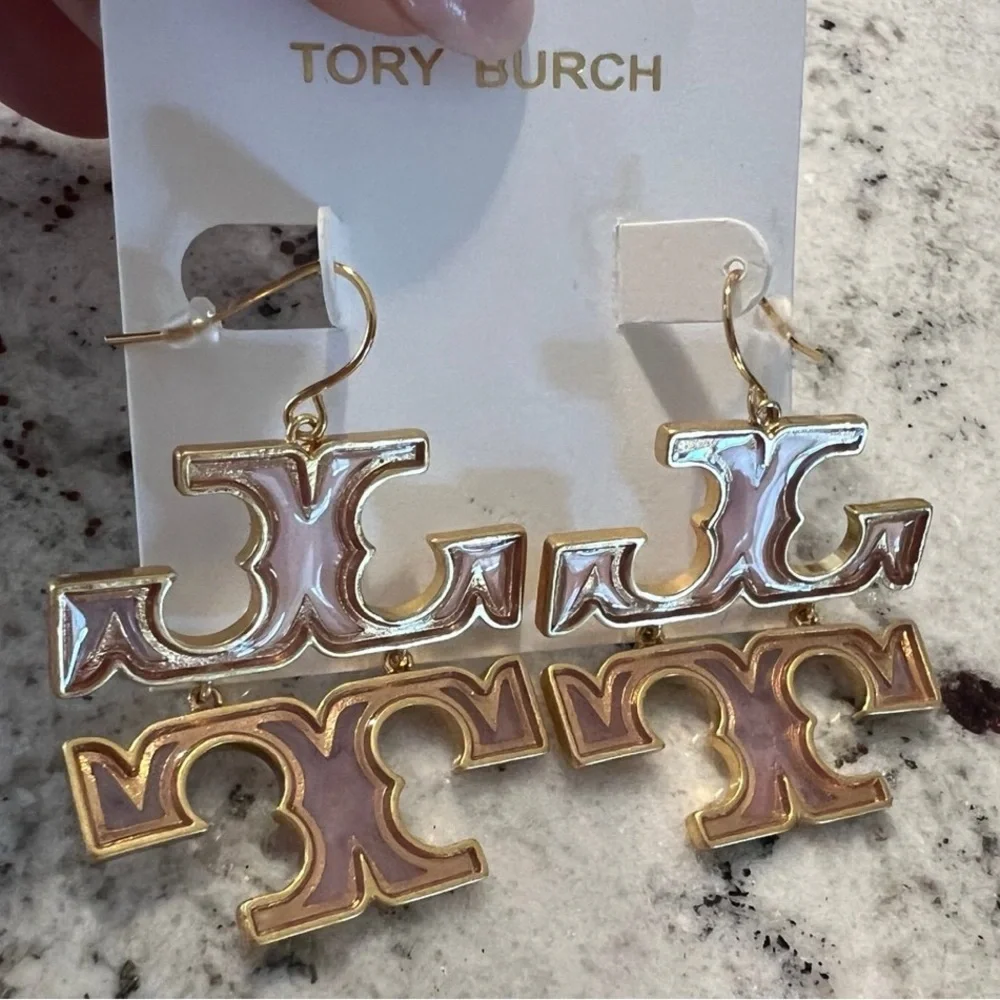 Brand New TB Tory Transparent Gold Drop Logo Earrings Britten Double T